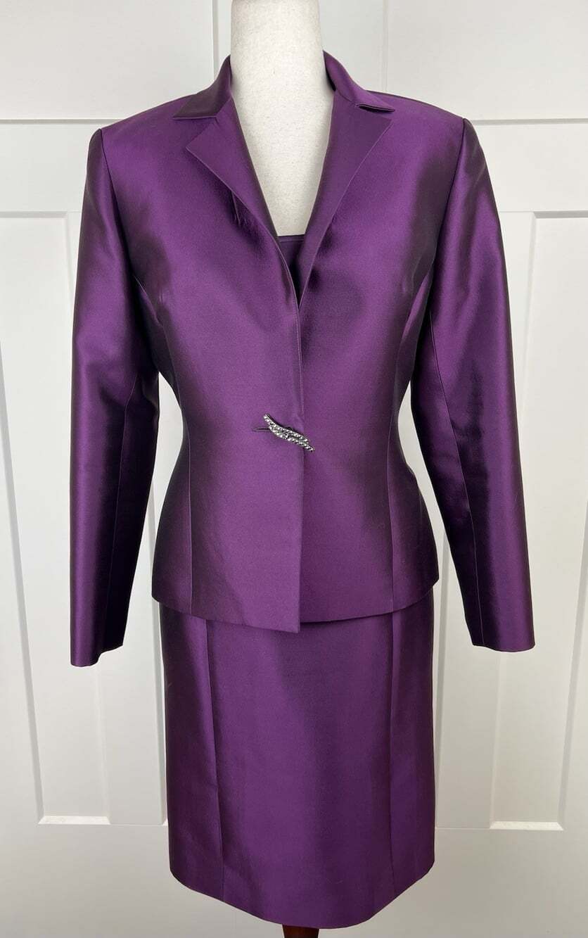 Sunny Choi 3PC Silk Wool Suit 10 Purple Skirt Jacket Cami Rhinestone Evening